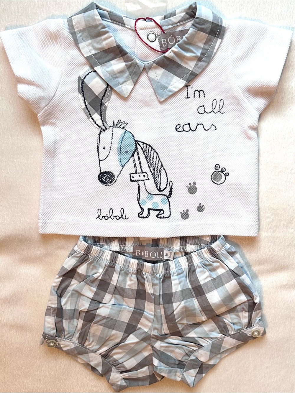 Boboli Baby Boy 2pc Outfit NB Collared Shirt & Bloomers Plaid Dog I’m All Ears